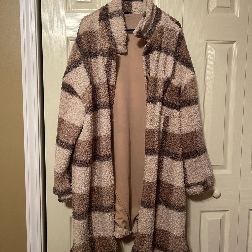 SHEIN Teddy Jacket Brown and Cream Oversized Cozy Fit